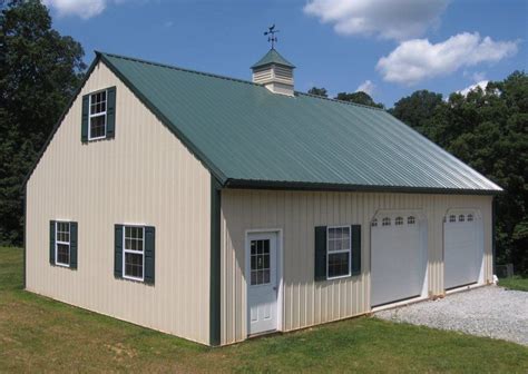 24′ wide x 36′ Long x 12′ High4-12 pitch roof12″ Gable & eave overhangVented ridge cap & soffitR6 double bubble roof radiant / condensation barrier29 gauge siding and roofing3′ wainscot with trim24″ steel cupola with weathervane3068 steel entry door12′ wide x 10′ high white Overhead doorSix 3×3 windows with shutters. . 30x40 pole barn with loft